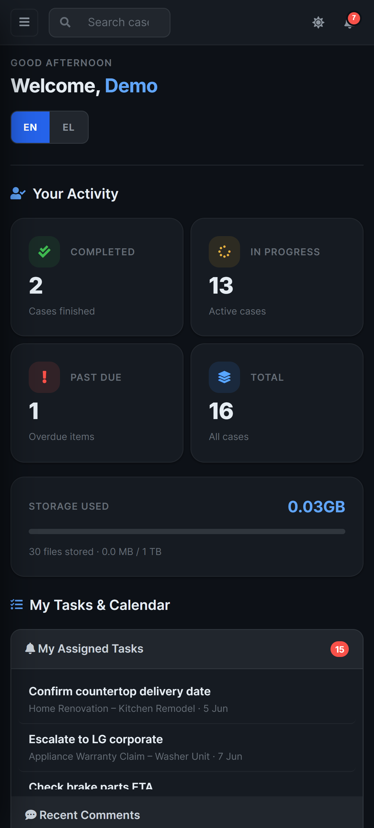 Herarx dashboard — mobile dark mode