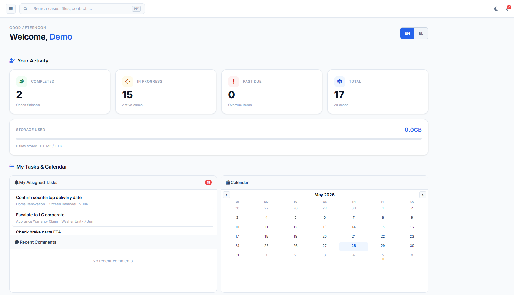 Herarx personal dashboard — case stats, tasks, calendar