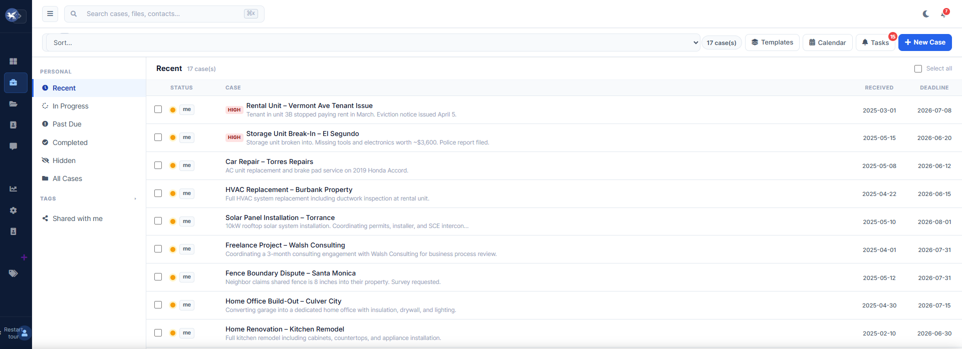 Herarx cases dashboard — real product