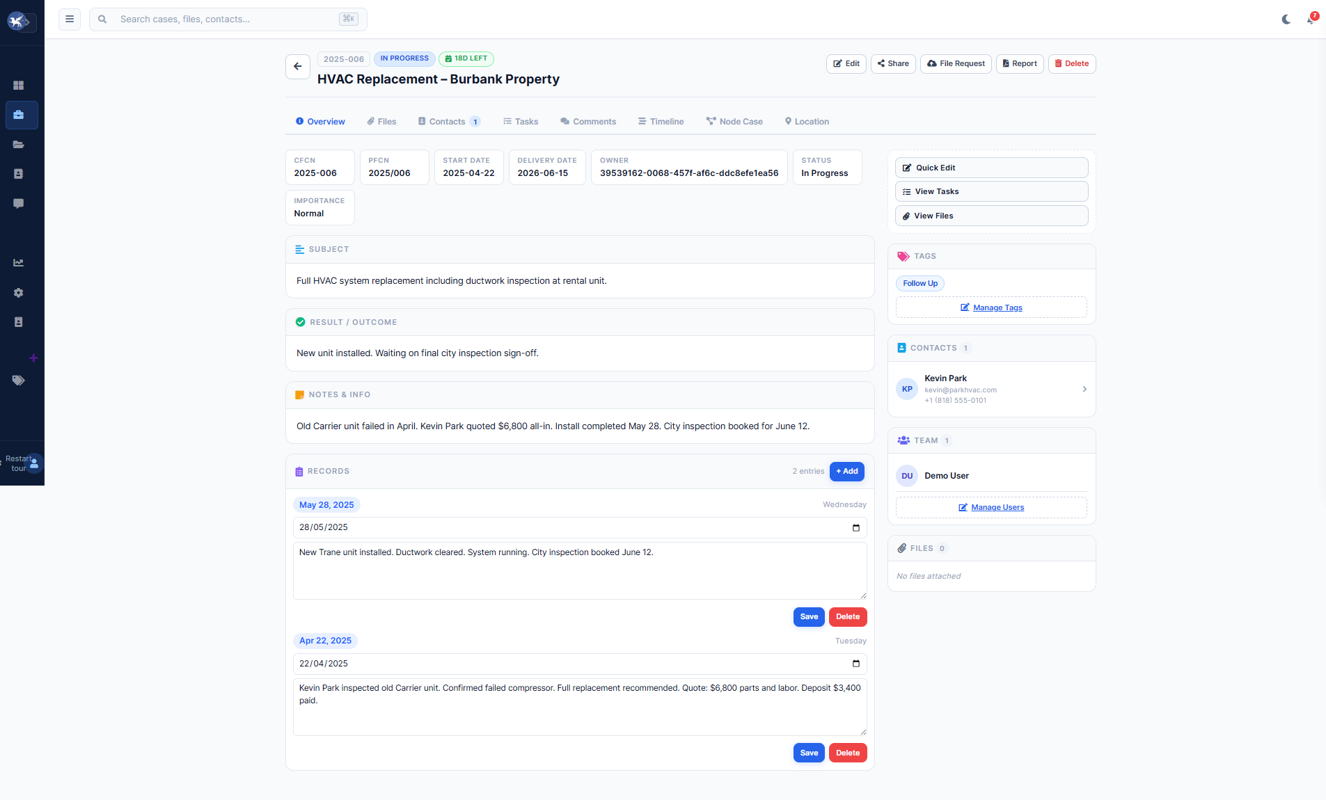 Herarx case overview — subject, notes, dated records