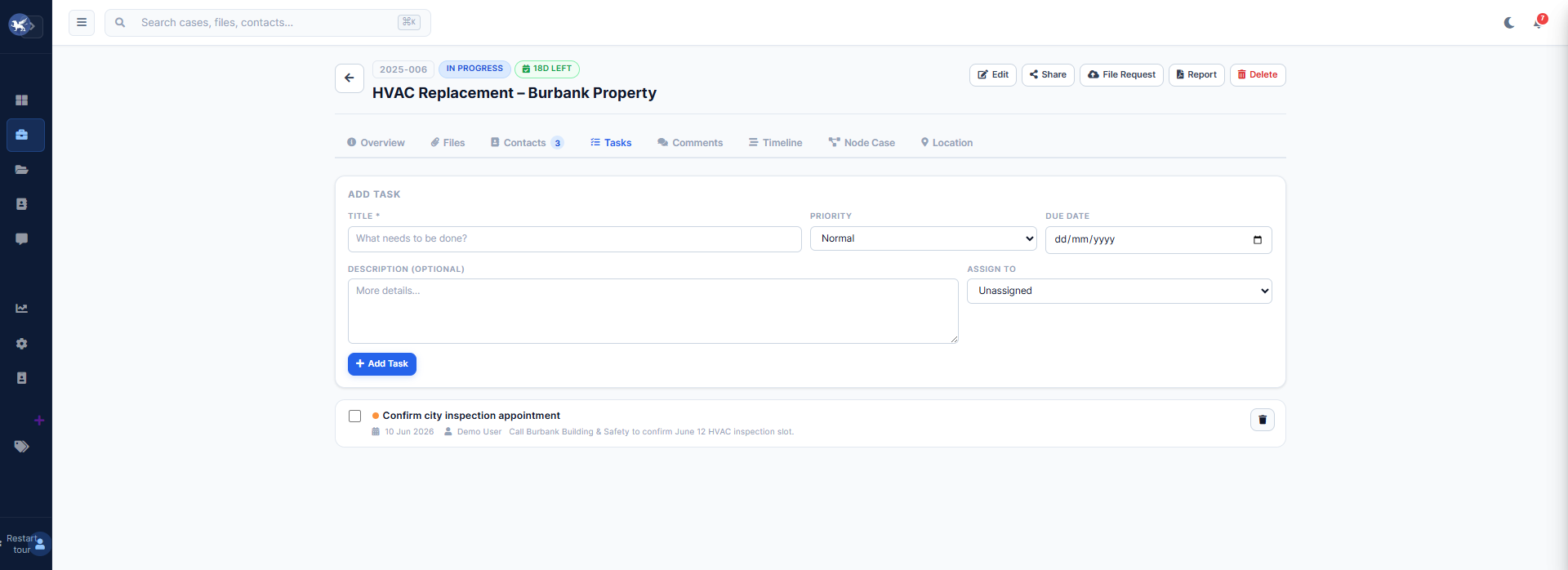 Herarx case tasks — priority, due date, team assignment